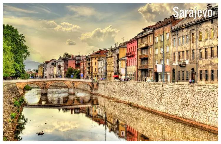 Water canal under a bridge in front of Sarajevo historical center in Sarajevo, Bosnia and Herzegovina Water canal under a bridge in front of Sarajevo historical center in Sarajevo, Bosnia and Herzegovina