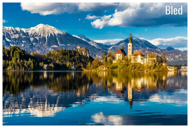 Stol, Vrtaca, and Begunjscica mountain ranges, viewed over Bled Lake in Bled, Slovenia