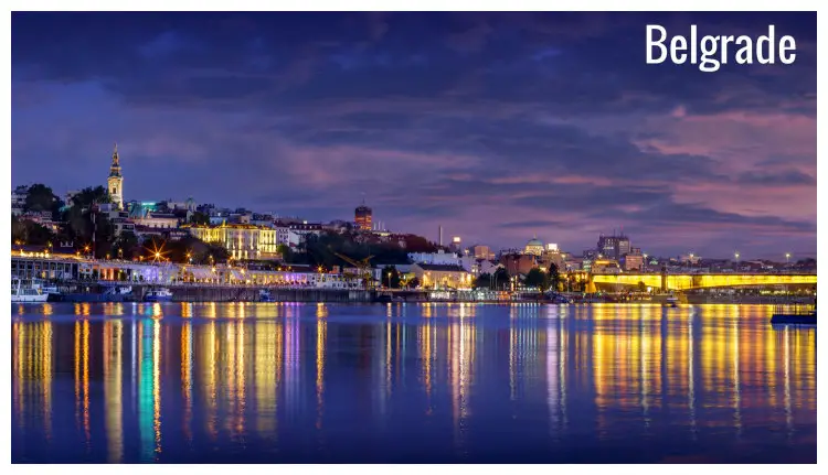 Night panorama of Belgrade city, Serbia, over the large Sava River